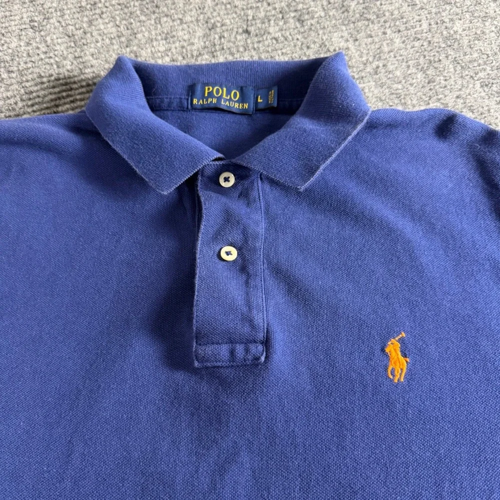 Polo Ralph Lauren Mens Blue Pique Polo Shirt Orange Pony Logo Size Large‎ L